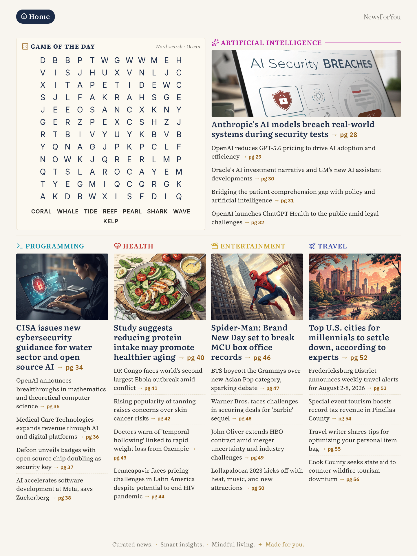 NewsForYou daily briefing — second page with puzzle of the day and more sections